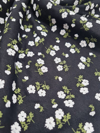 White Green on Black Ditsy Floral Print Viscose Elastane Fabric - T9 Fabrics