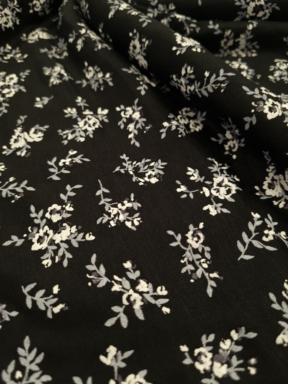 White & Grey Flower Print Black Viscose Elastane Fabric - T9 Fabrics