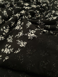 White & Grey Flower Print Black Viscose Elastane Fabric - T9 Fabrics