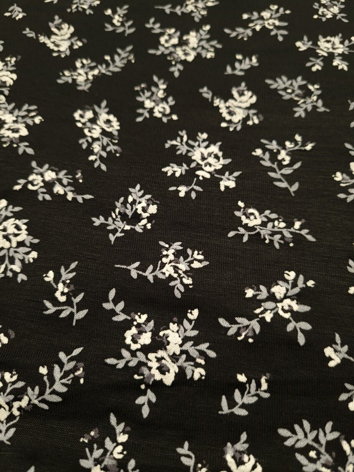 White & Grey Flower Print Black Viscose Elastane Fabric - T9 Fabrics