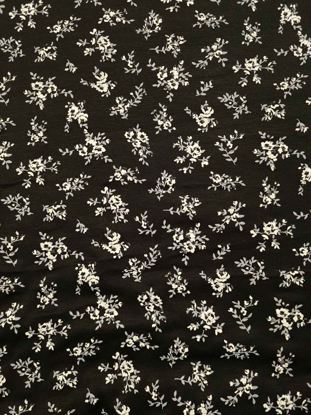 White & Grey Flower Print Black Viscose Elastane Fabric - T9 Fabrics