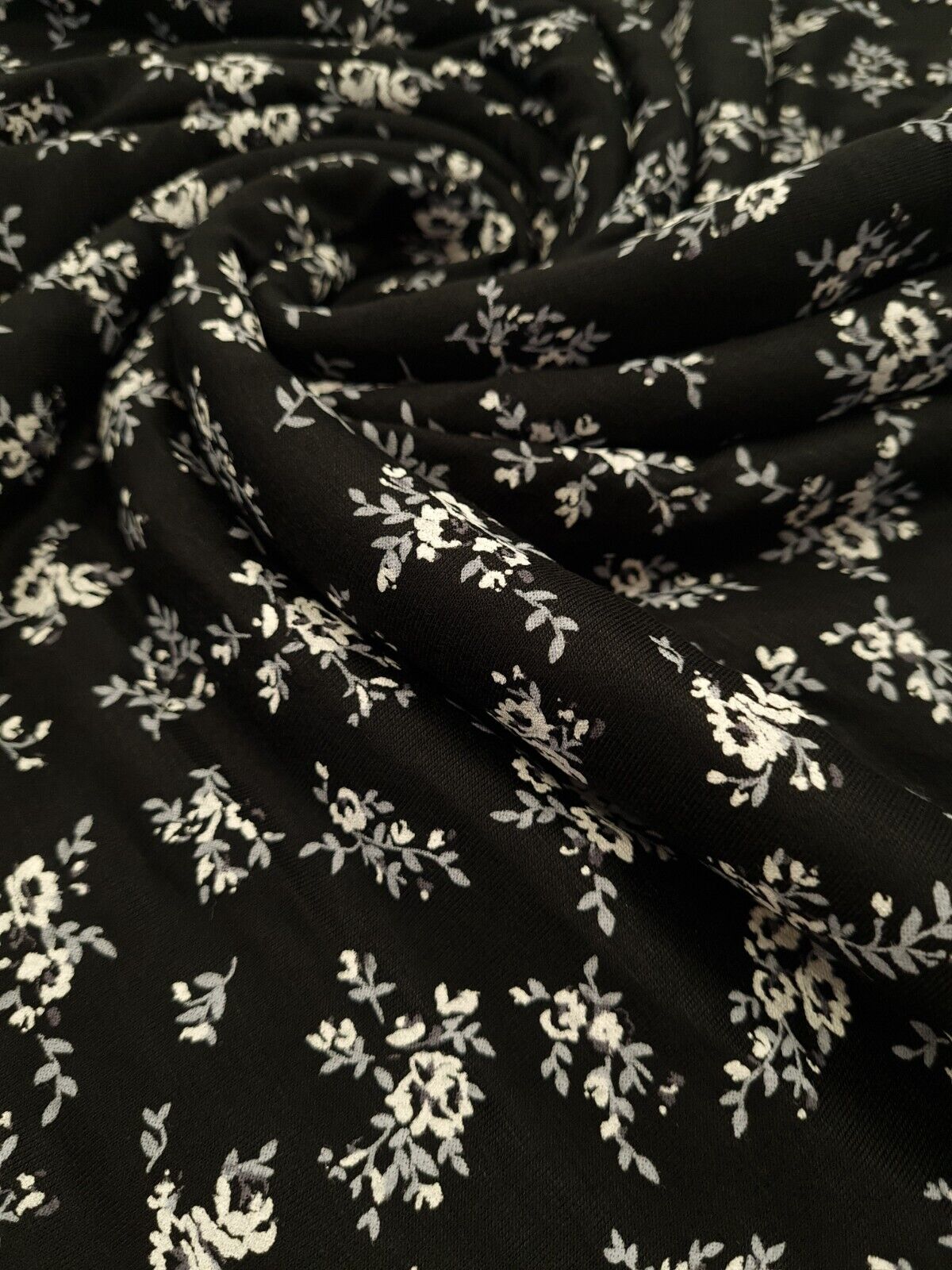 White & Grey Flower Print Black Viscose Elastane Fabric - T9 Fabrics