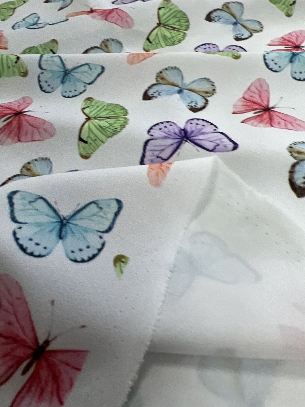 White Multi Butterfly Printed Scuba Crepe Jersey Fabric 4 Way Stretch - T9 Fabrics