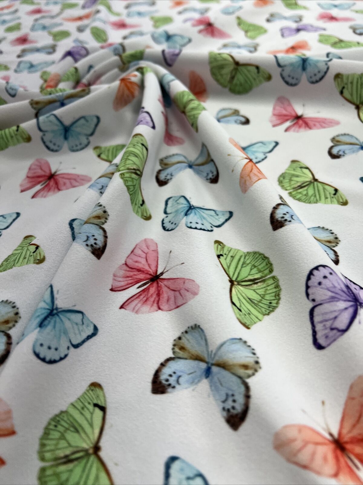 White Multi Butterfly Printed Scuba Crepe Jersey Fabric 4 Way Stretch - T9 Fabrics