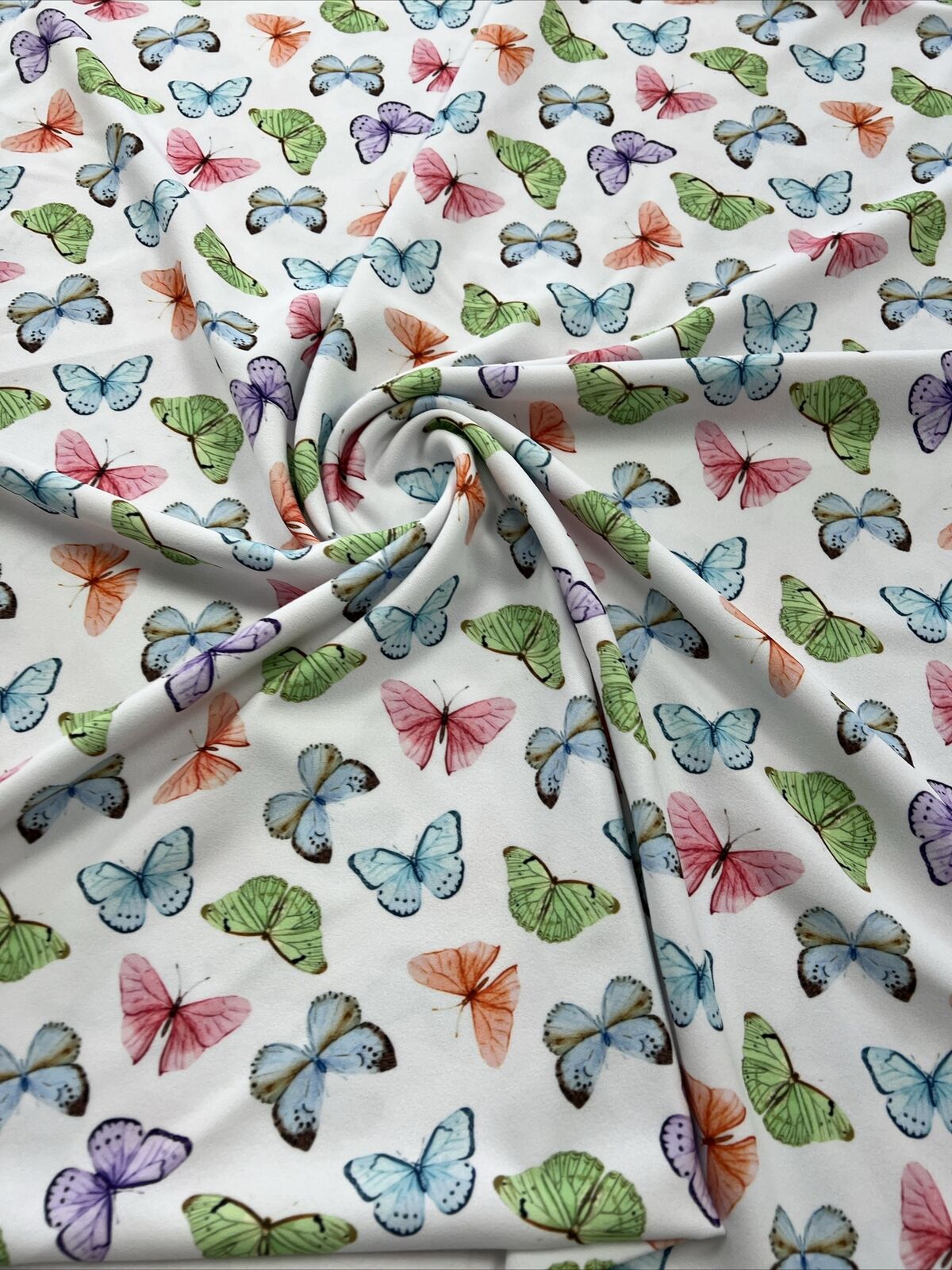 White Multi Butterfly Printed Scuba Crepe Jersey Fabric 4 Way Stretch - T9 Fabrics