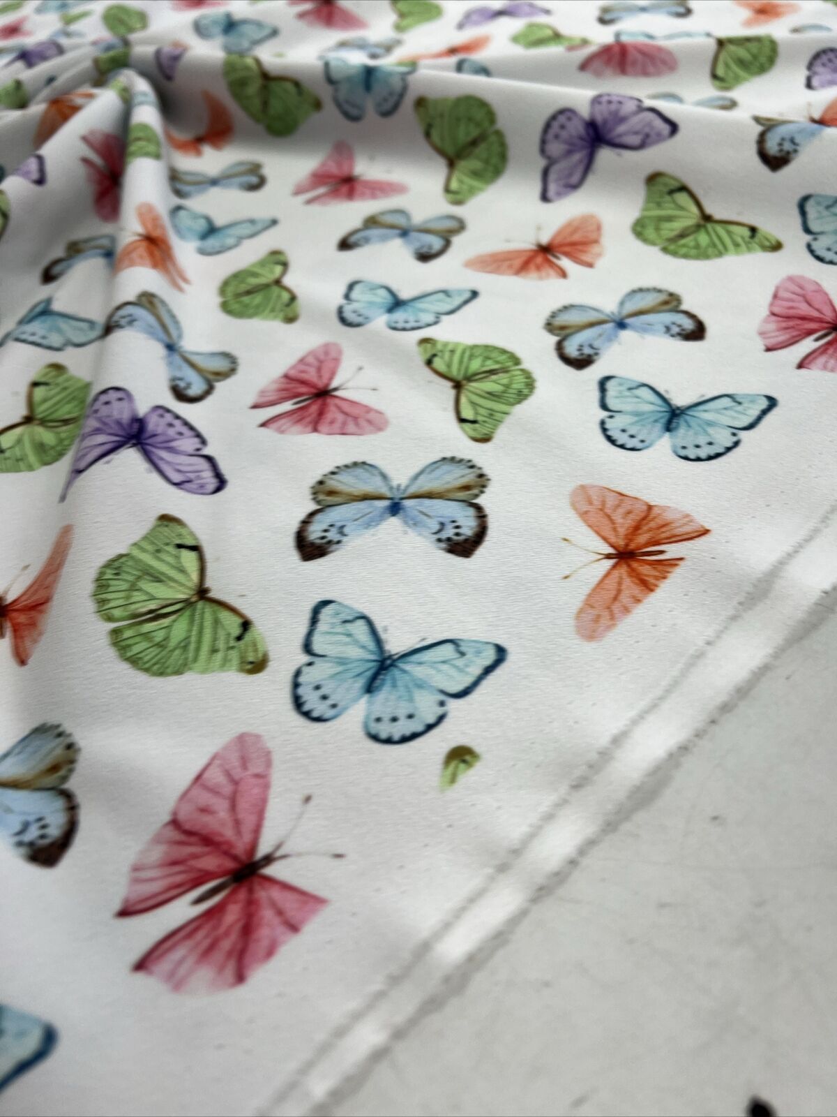 White Multi Butterfly Printed Scuba Crepe Jersey Fabric 4 Way Stretch - T9 Fabrics