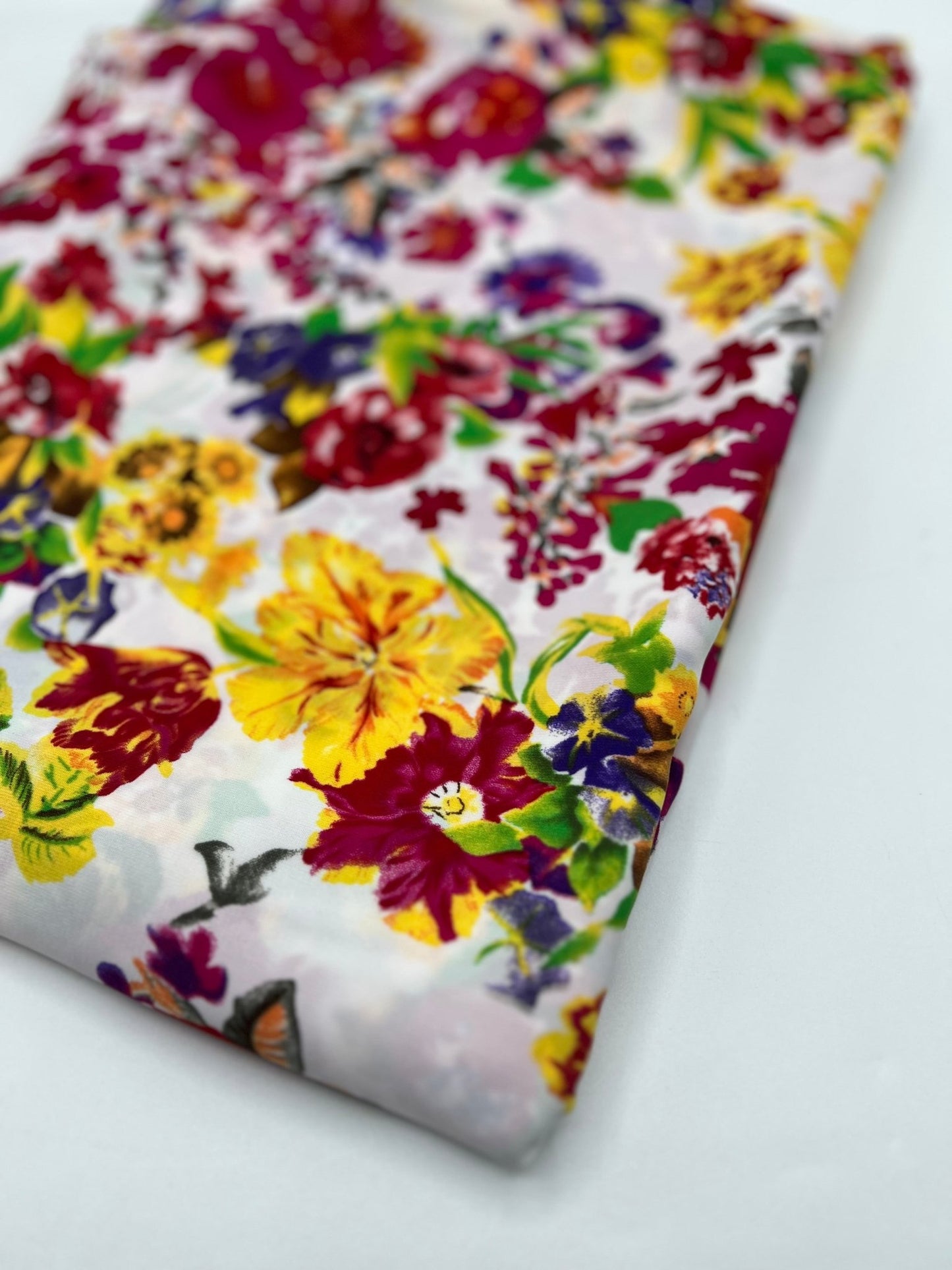 White Multi Colour Floral Non Stretch Woven Fabric - T9 Fabrics