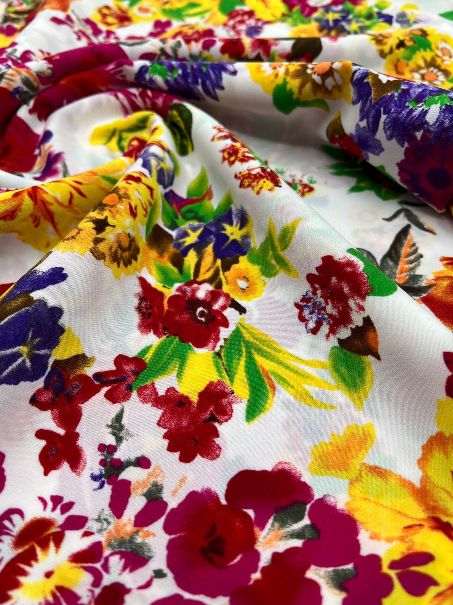 White Multi Colour Floral Non Stretch Woven Fabric - T9 Fabrics