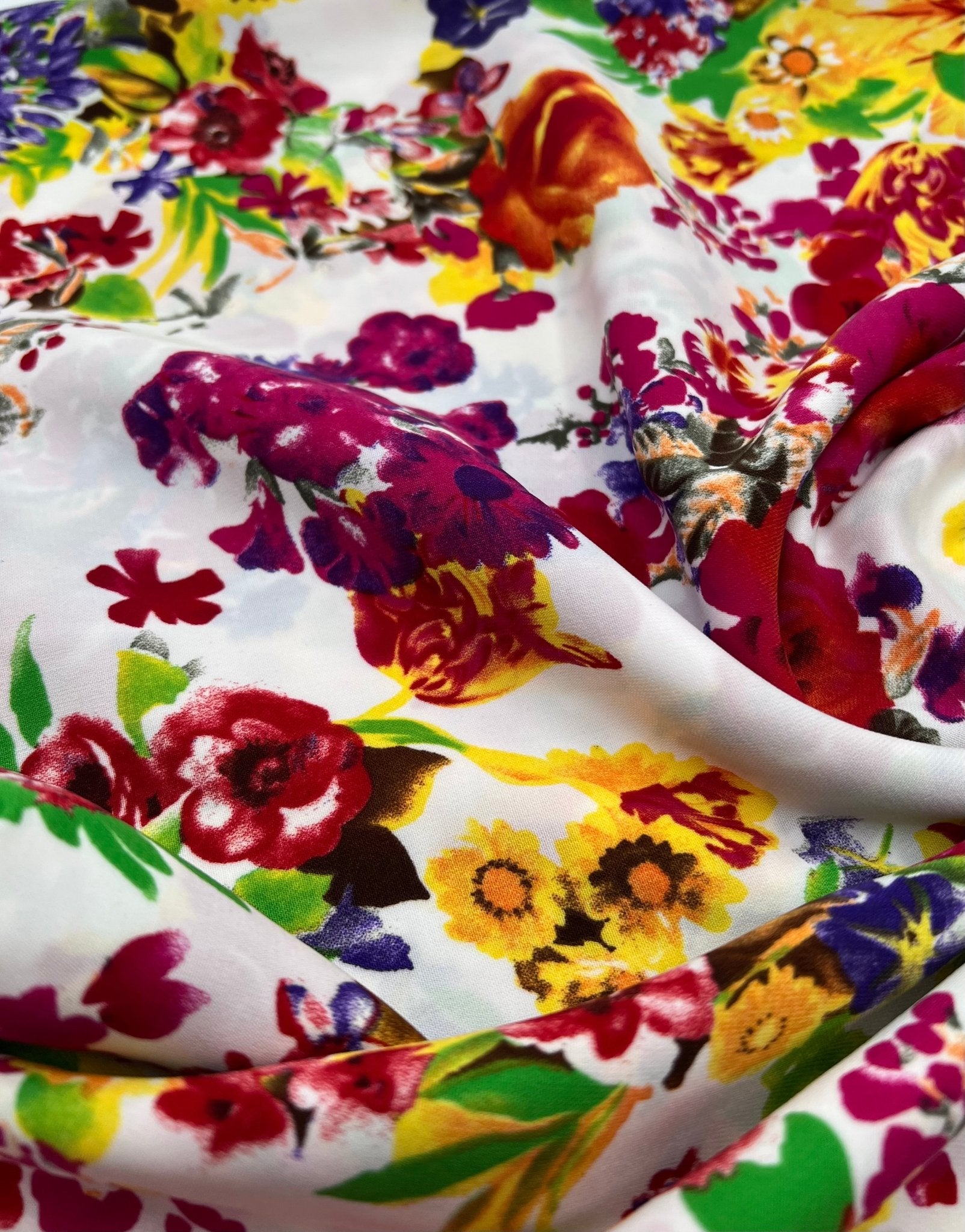 White Multi Colour Floral Non Stretch Woven Fabric - T9 Fabrics