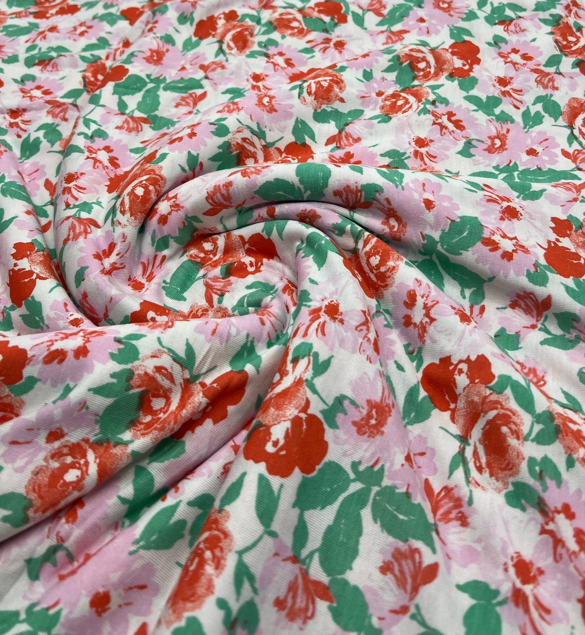White Multi Floral Print Viscose Elastane 2 Way Stretch Fabric - T9 Fabrics