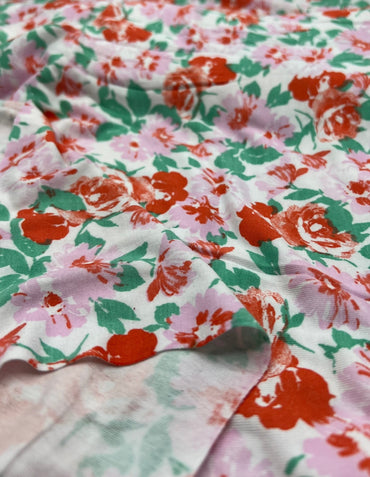 White Multi Floral Print Viscose Elastane 2 Way Stretch Fabric - T9 Fabrics