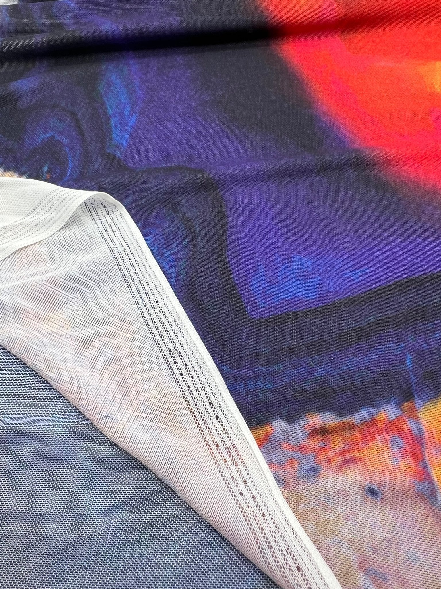 White Navy Red Print Mesh Fabric Stretch - T9 Fabrics