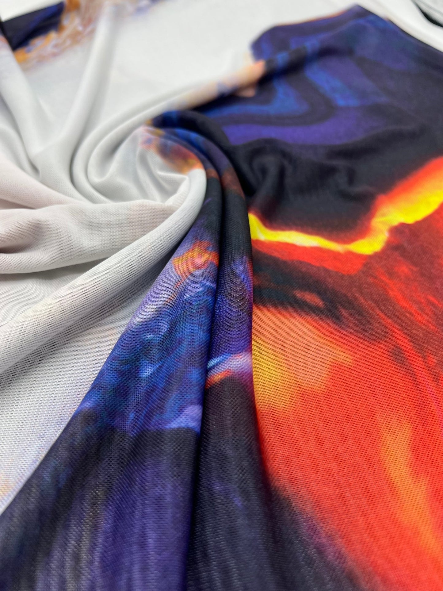 White Navy Red Print Mesh Fabric Stretch - T9 Fabrics