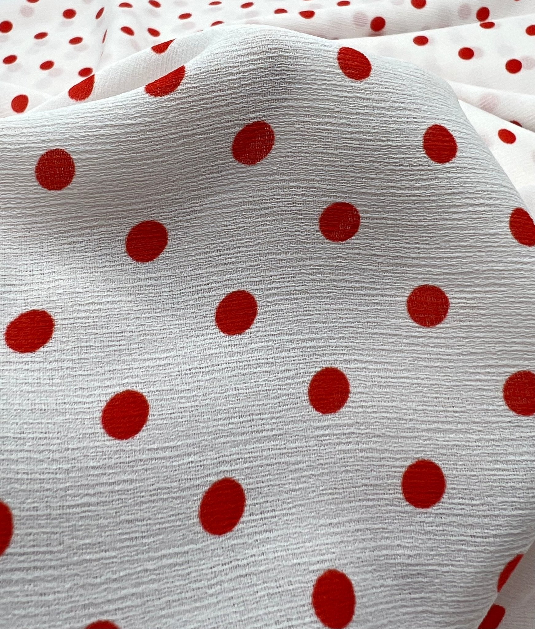White Red Polka Spot Lightweight Crepe Non Stretch Fabric - T9 Fabrics