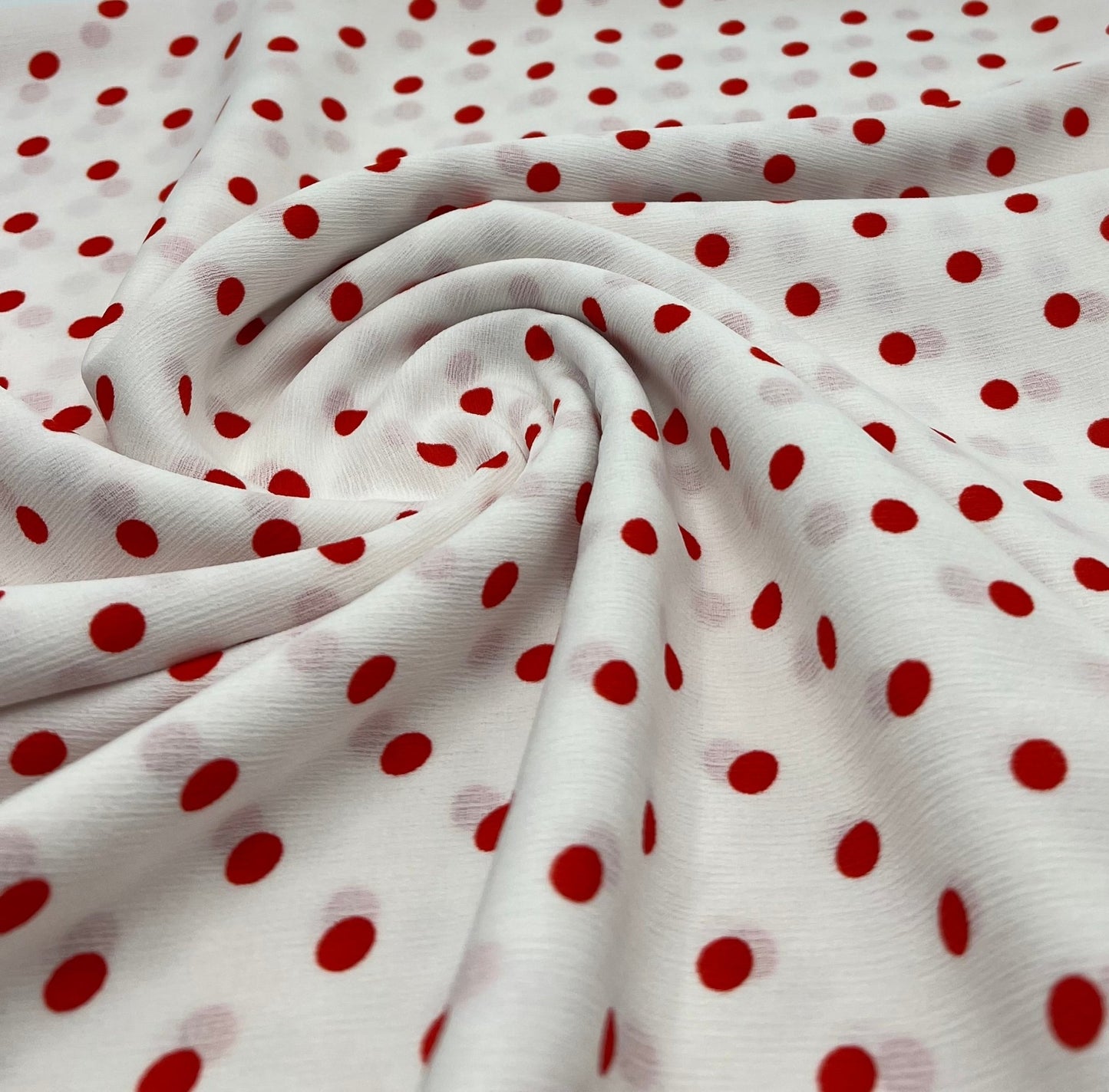 White Red Polka Spot Lightweight Crepe Non Stretch Fabric - T9 Fabrics
