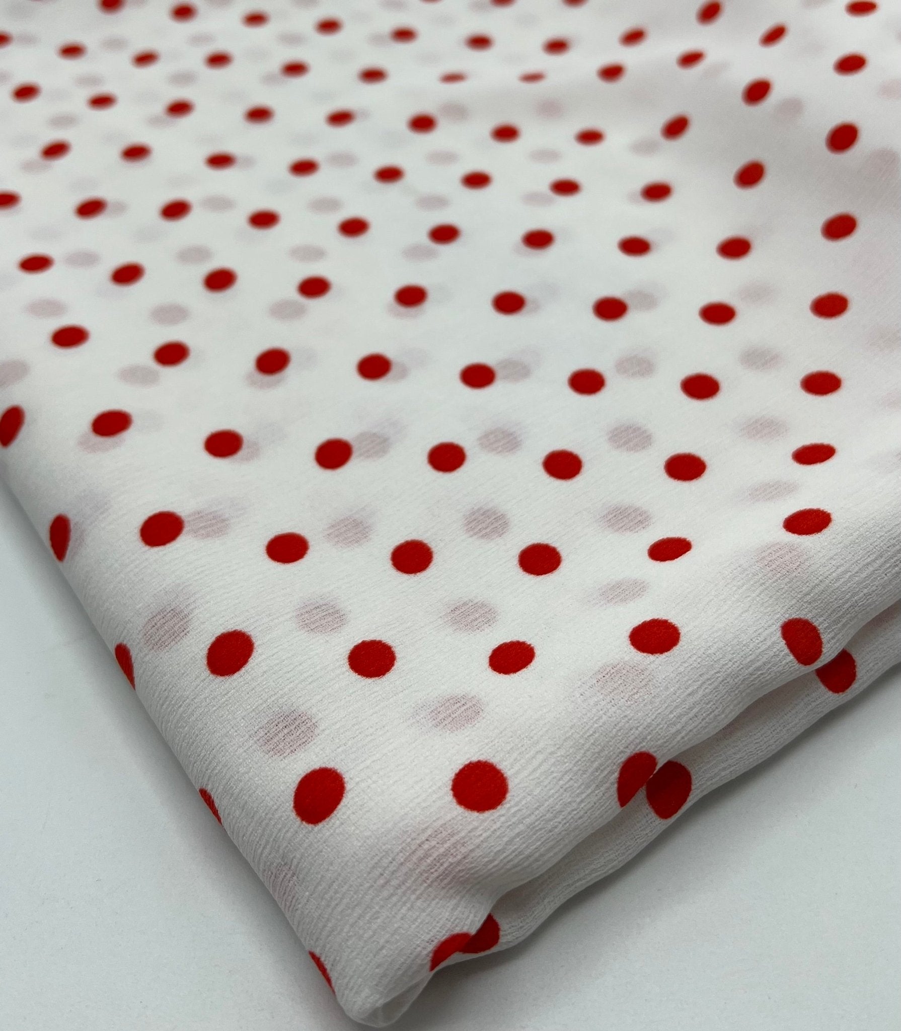 White Red Polka Spot Lightweight Crepe Non Stretch Fabric - T9 Fabrics