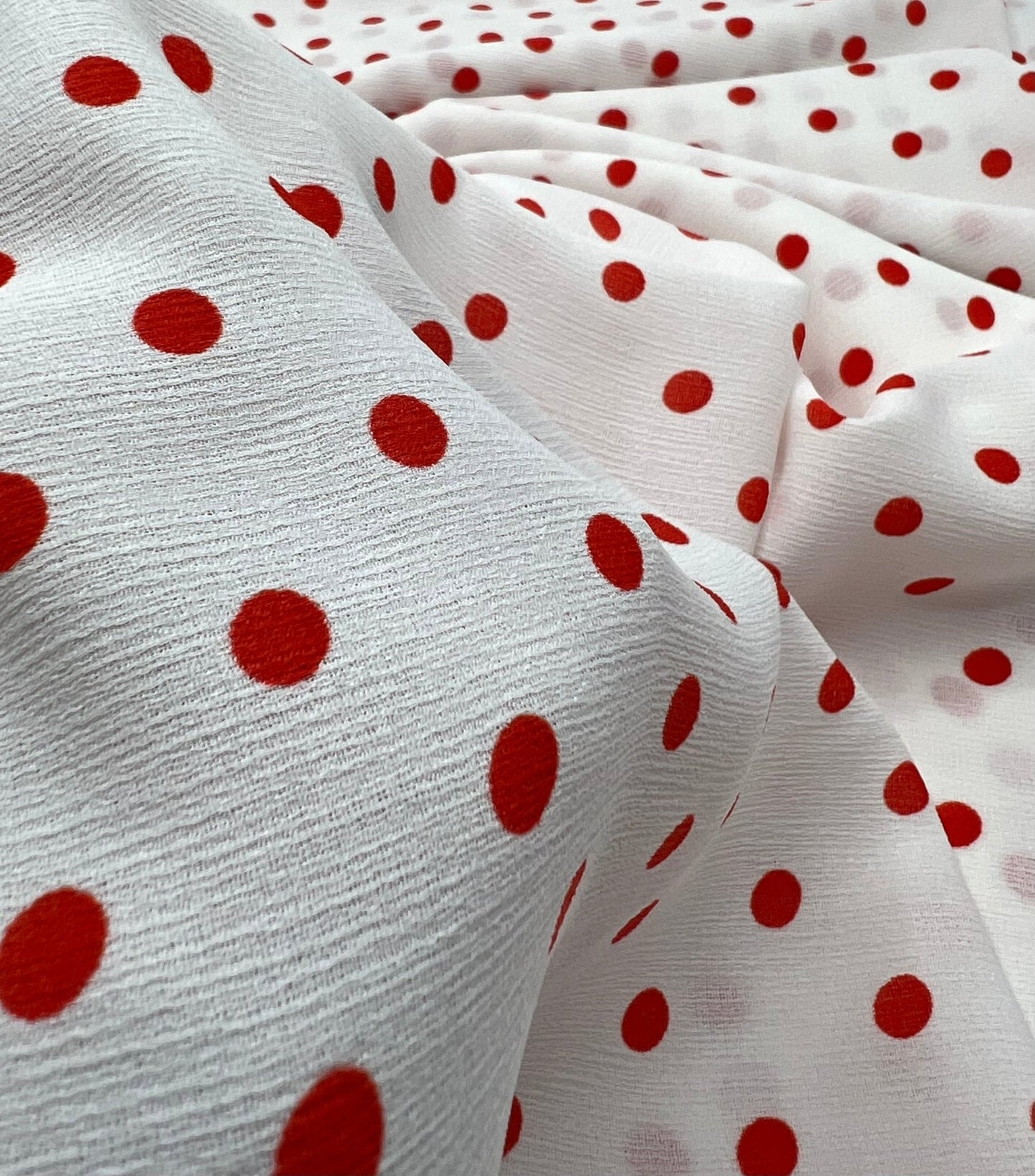 White Red Polka Spot Lightweight Crepe Non Stretch Fabric - T9 Fabrics