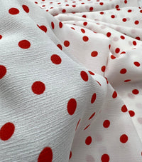 White Red Polka Spot Lightweight Crepe Non Stretch Fabric - T9 Fabrics