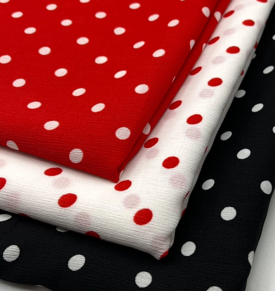 White Red Polka Spot Lightweight Crepe Non Stretch Fabric - T9 Fabrics