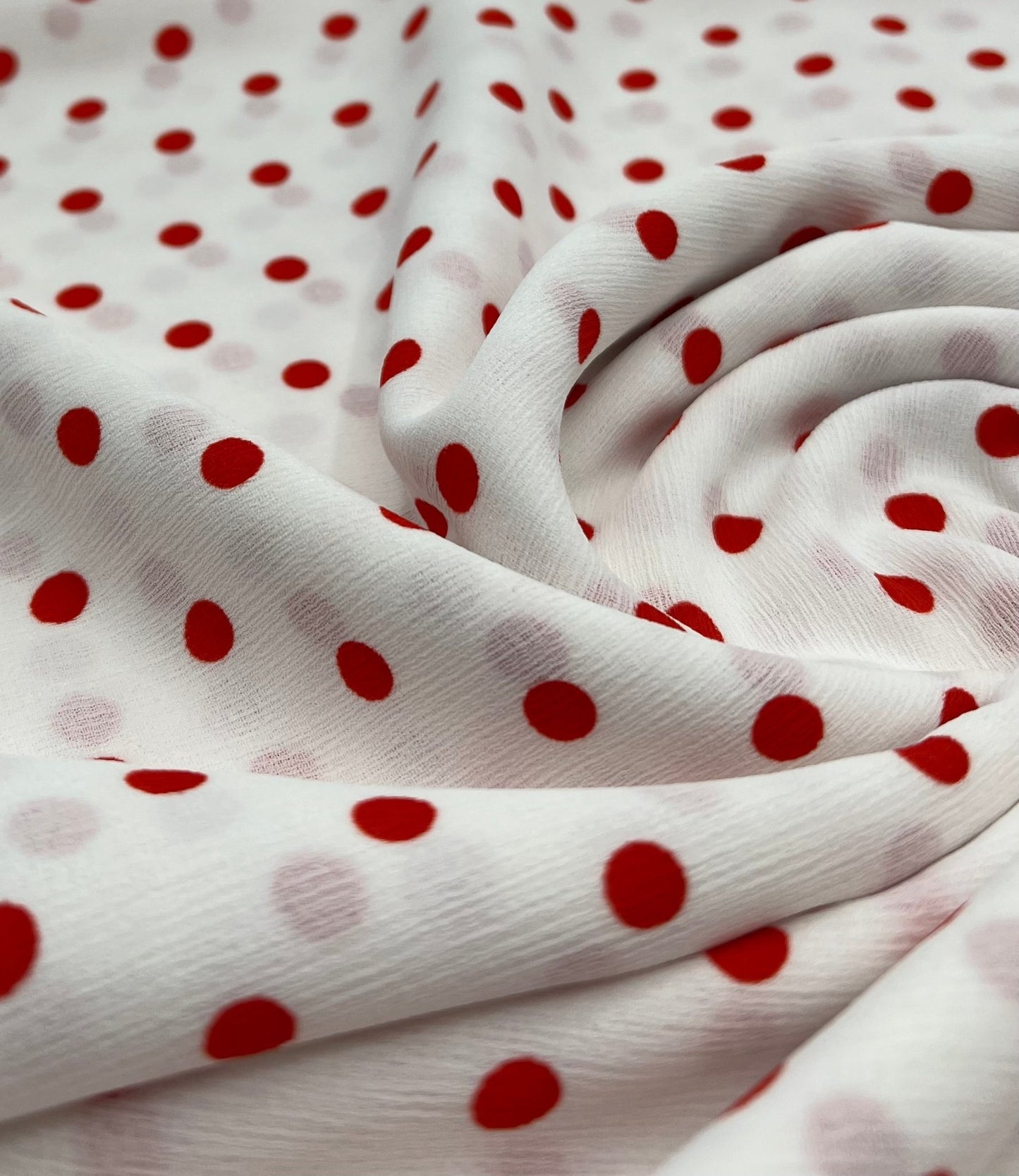White Red Polka Spot Lightweight Crepe Non Stretch Fabric - T9 Fabrics