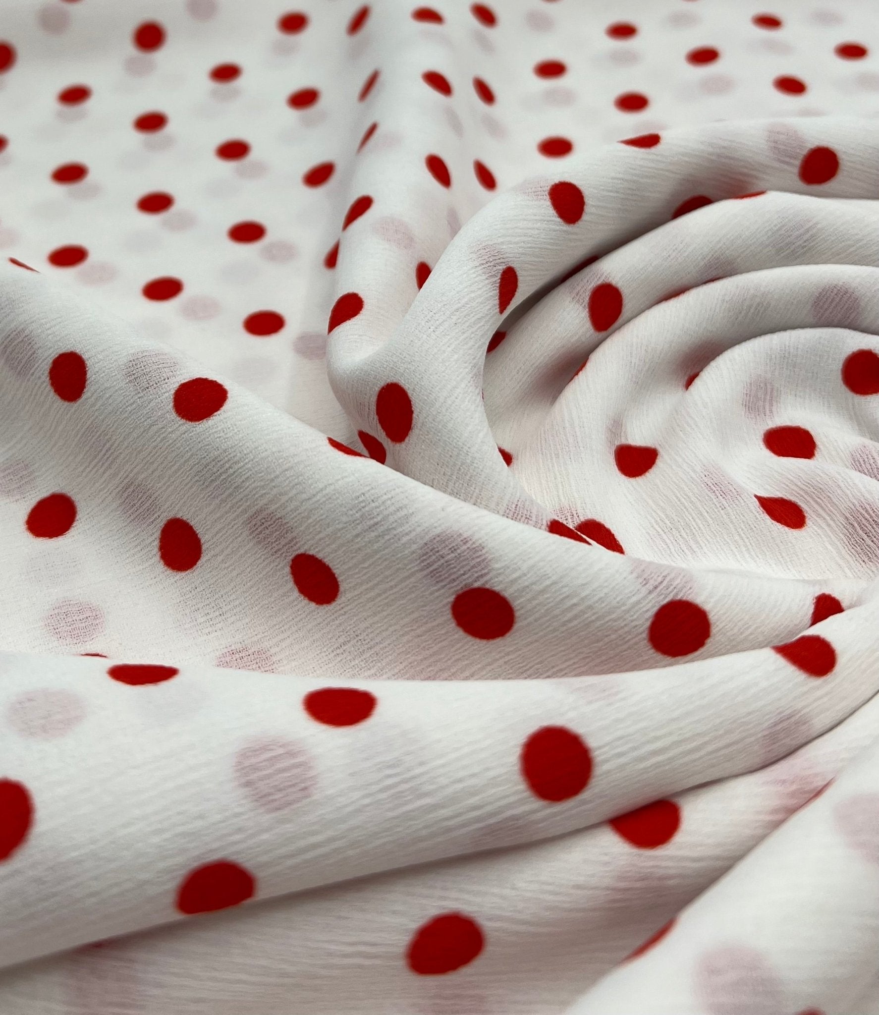 White Red Polka Spot Lightweight Crepe Non Stretch Fabric - T9 Fabrics