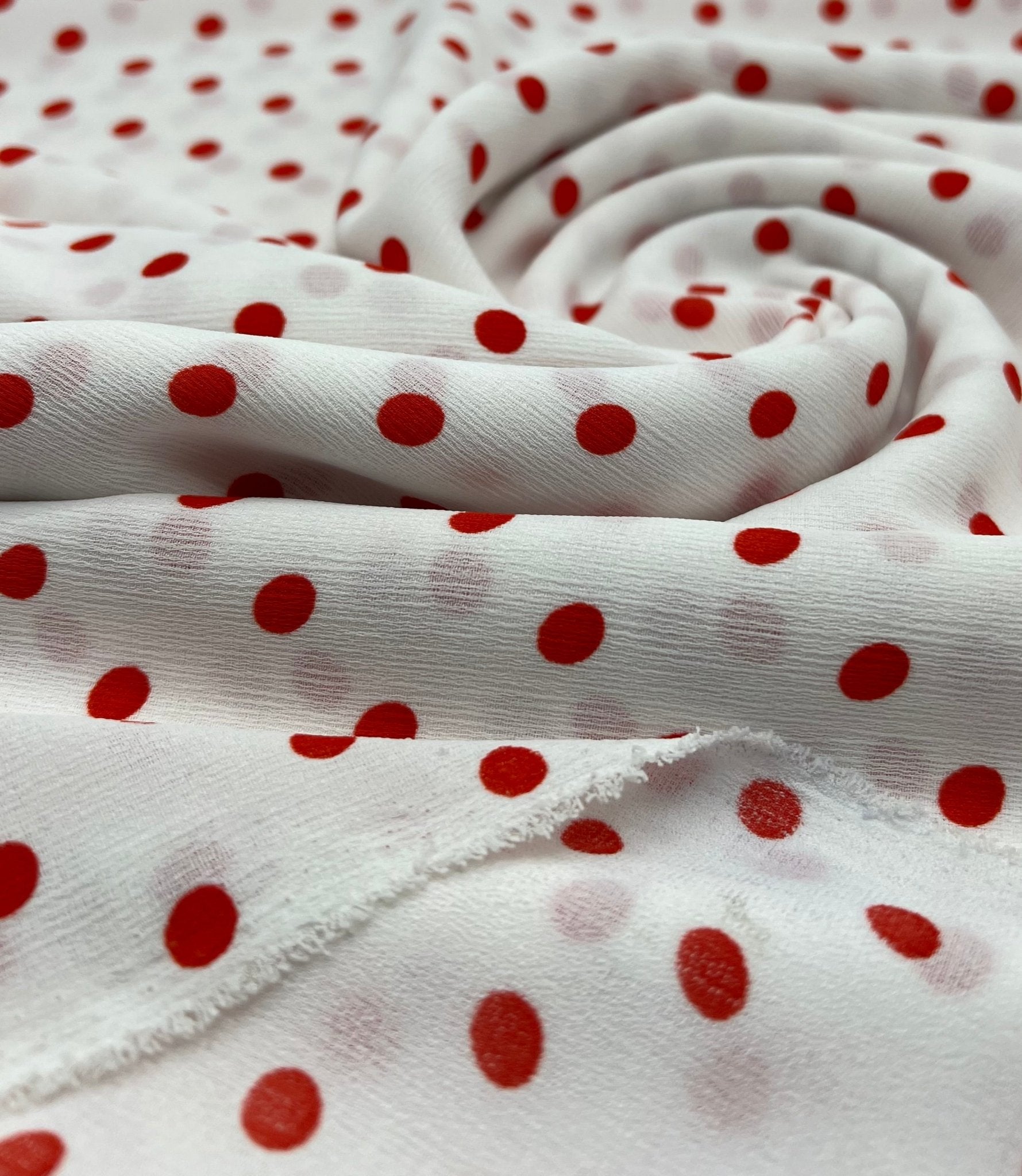 White Red Polka Spot Lightweight Crepe Non Stretch Fabric - T9 Fabrics