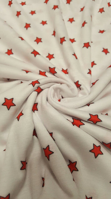 White Red Star Print Spun Poly Stretch Fabric - T9 Fabrics