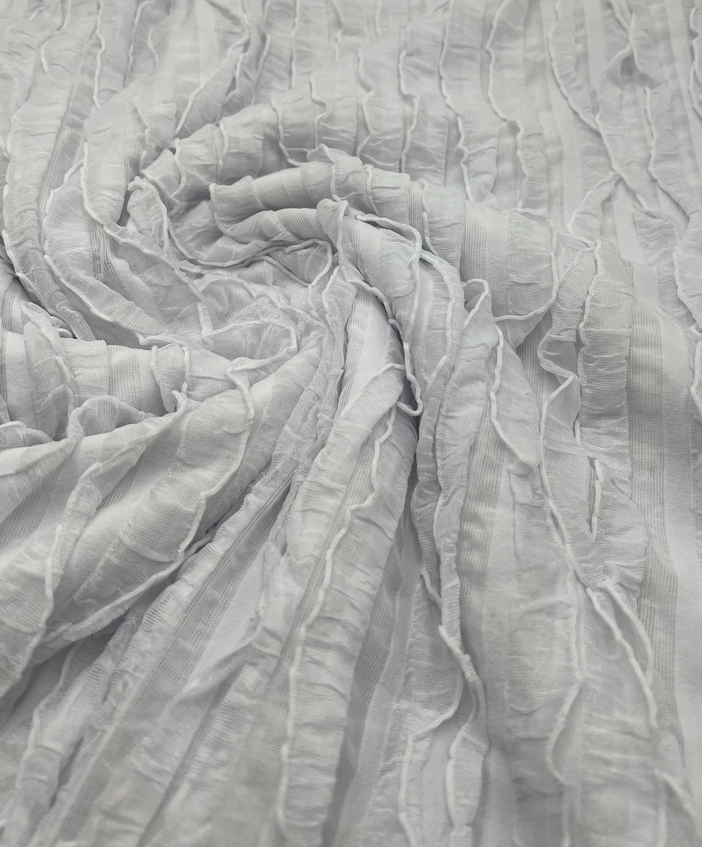 White Ruffle Textured 4 Way Stretch Fabric - T9 Fabrics
