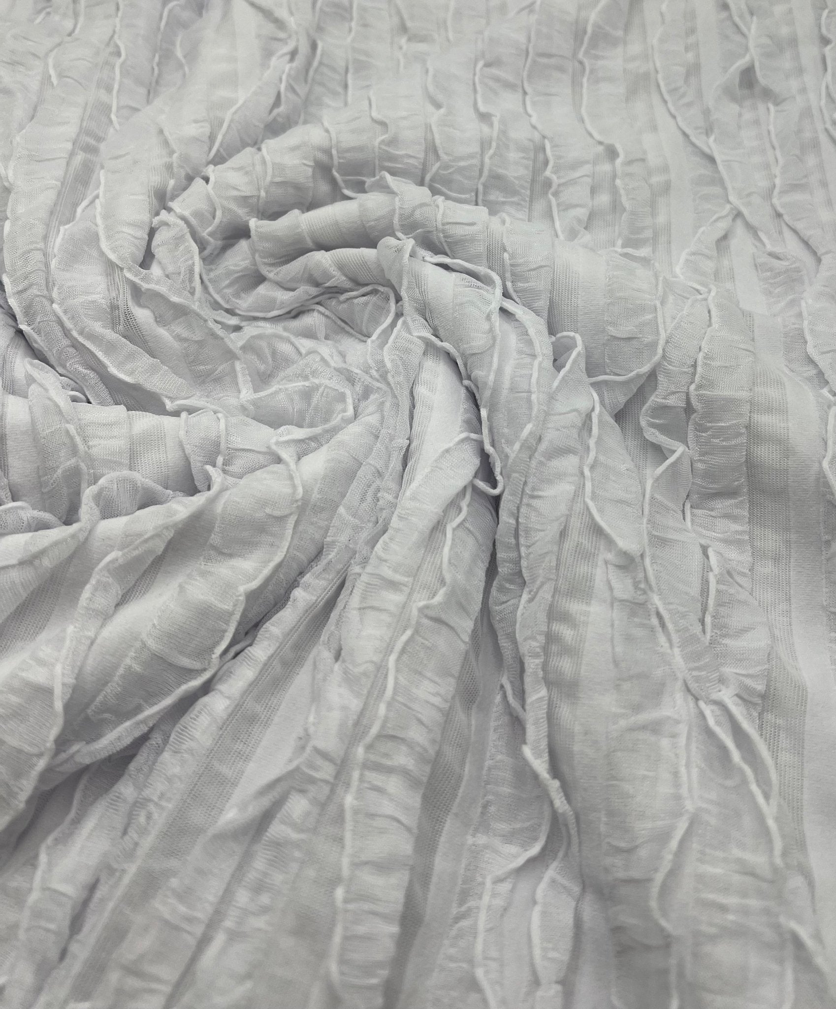 White Ruffle Textured 4 Way Stretch Fabric - T9 Fabrics