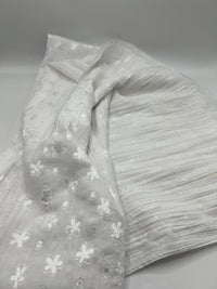 White Shiny Floral Crinkled Lightweight Non Stretch Woven Fabric - T9 Fabrics