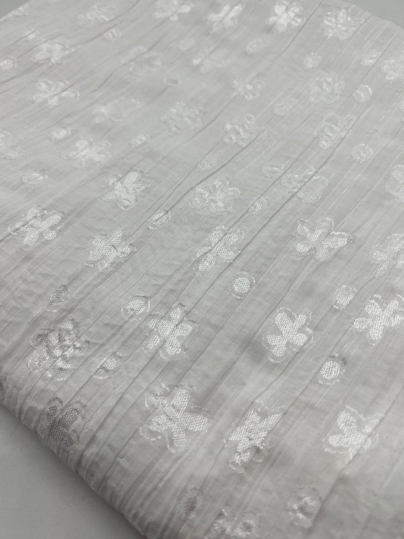 White Shiny Floral Crinkled Lightweight Non Stretch Woven Fabric - T9 Fabrics