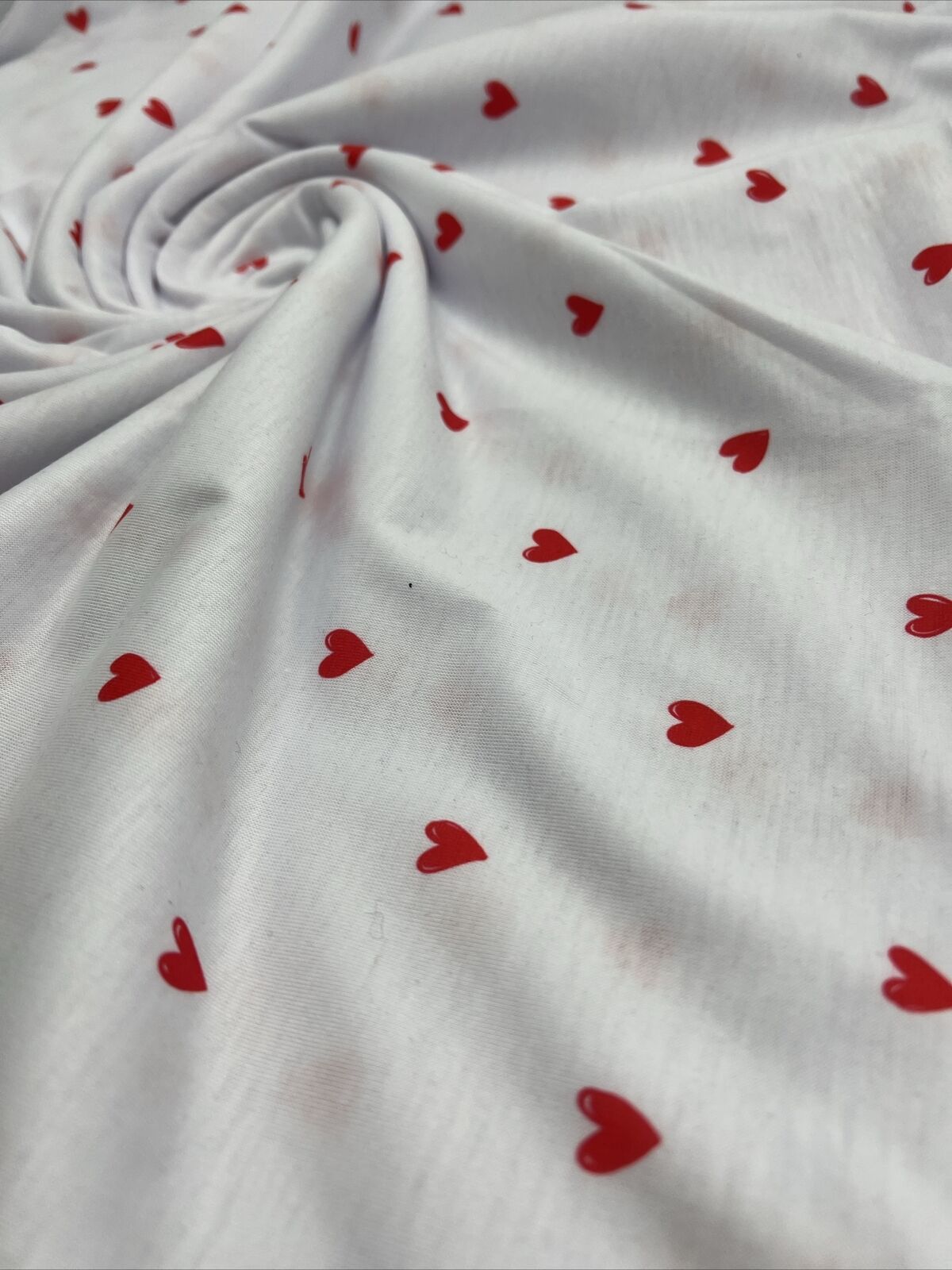 White Small Heart Print Spun Poly Stretch Fabric - T9 Fabrics