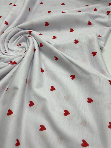 White Small Heart Print Spun Poly Stretch Fabric - T9 Fabrics