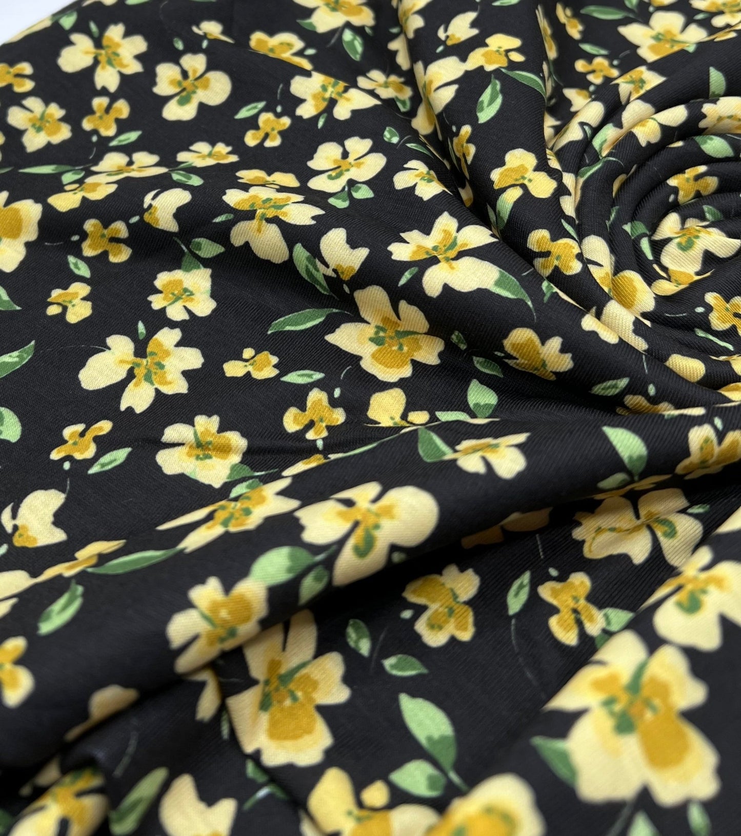 Yellow Black Floral Print Spun Poly Stretch Fabric - T9 Fabrics