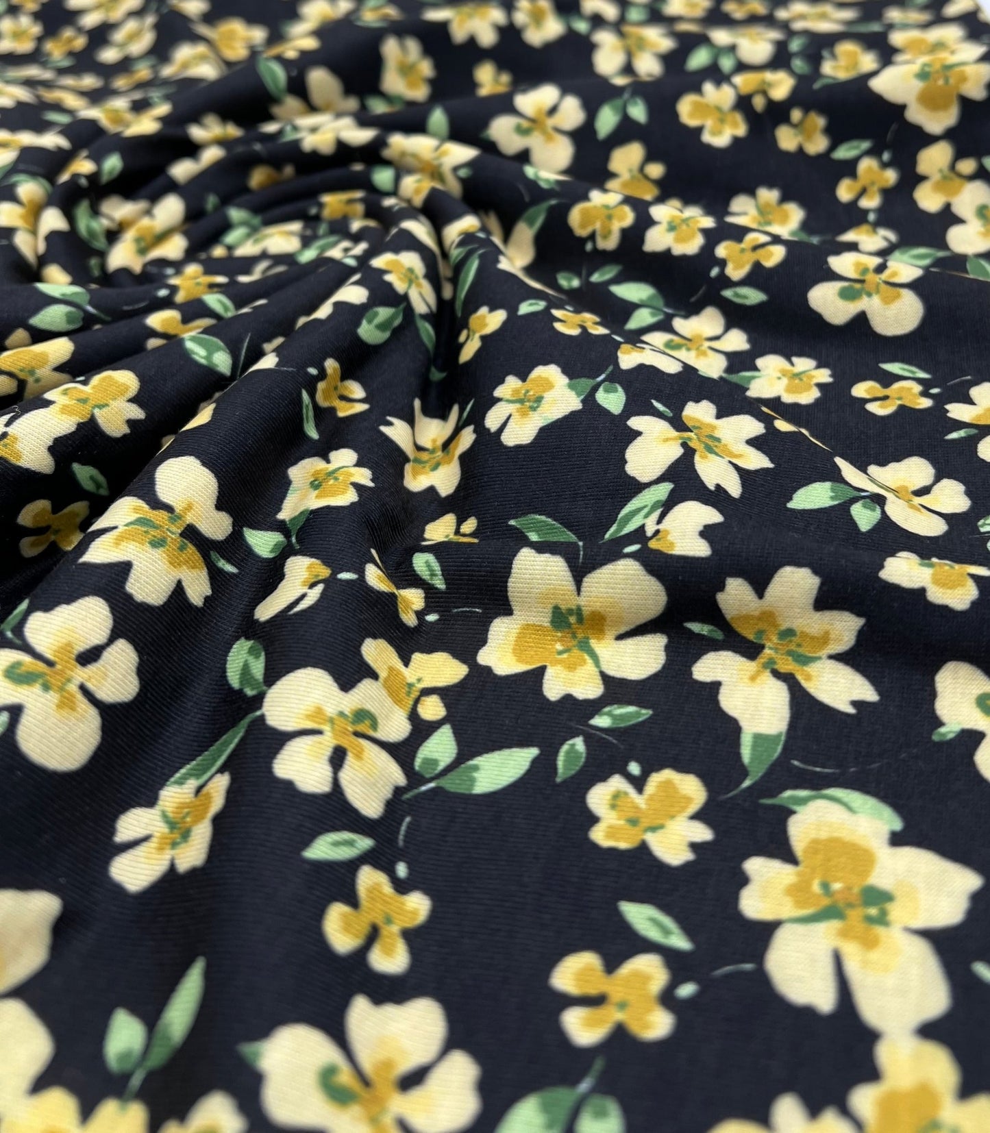 Yellow Black Floral Print Spun Poly Stretch Fabric - T9 Fabrics