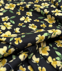 Yellow Black Floral Print Spun Poly Stretch Fabric - T9 Fabrics