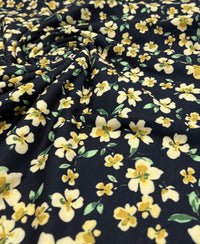 Yellow Black Floral Print Spun Poly Stretch Fabric - T9 Fabrics