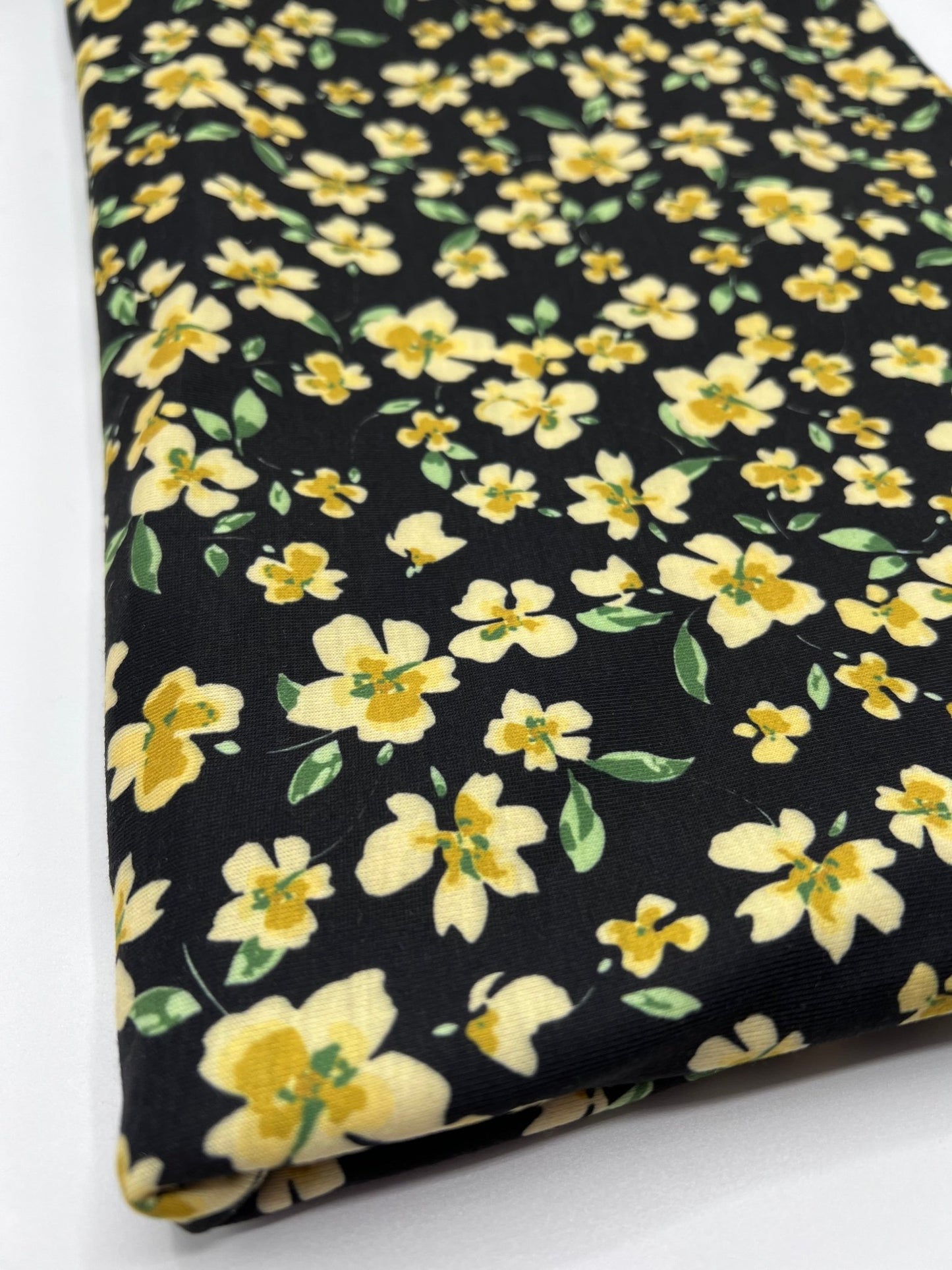 Yellow Black Floral Print Spun Poly Stretch Fabric - T9 Fabrics