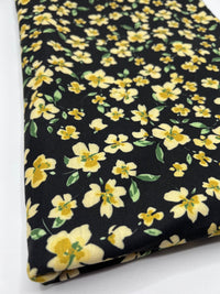 Yellow Black Floral Print Spun Poly Stretch Fabric - T9 Fabrics