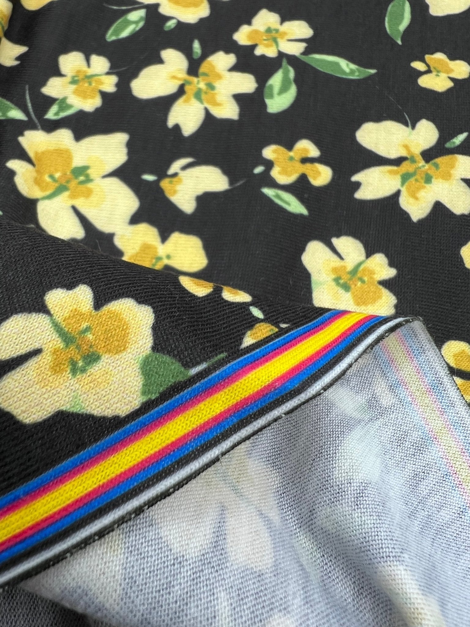 Yellow Black Floral Print Spun Poly Stretch Fabric - T9 Fabrics