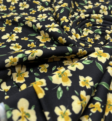 Yellow Black Floral Print Spun Poly Stretch Fabric - T9 Fabrics