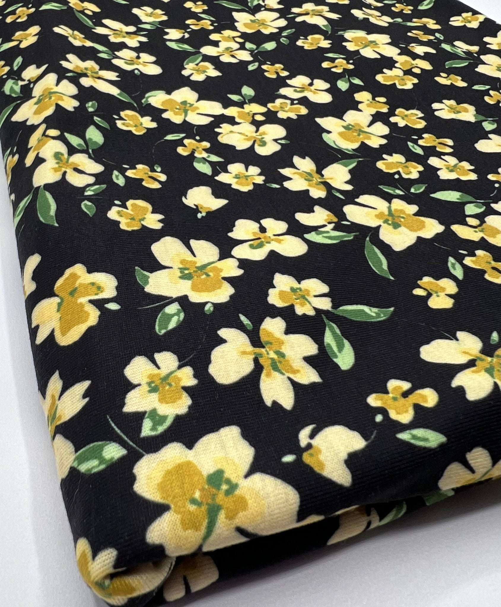 Yellow Black Floral Print Spun Poly Stretch Fabric - T9 Fabrics