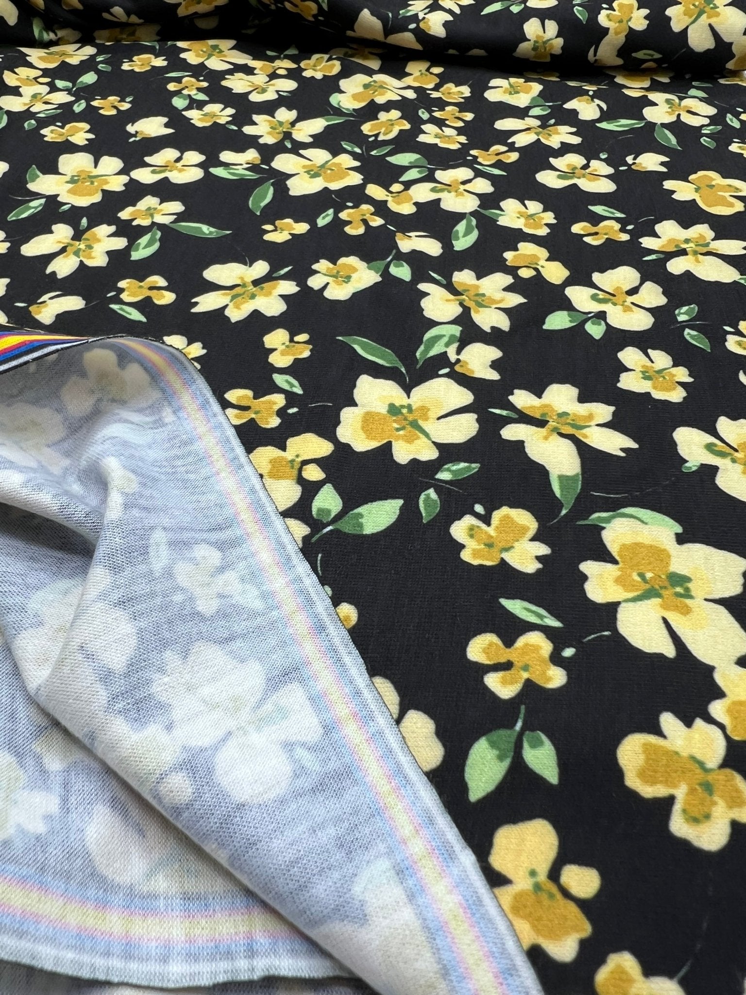 Yellow Black Floral Print Spun Poly Stretch Fabric - T9 Fabrics