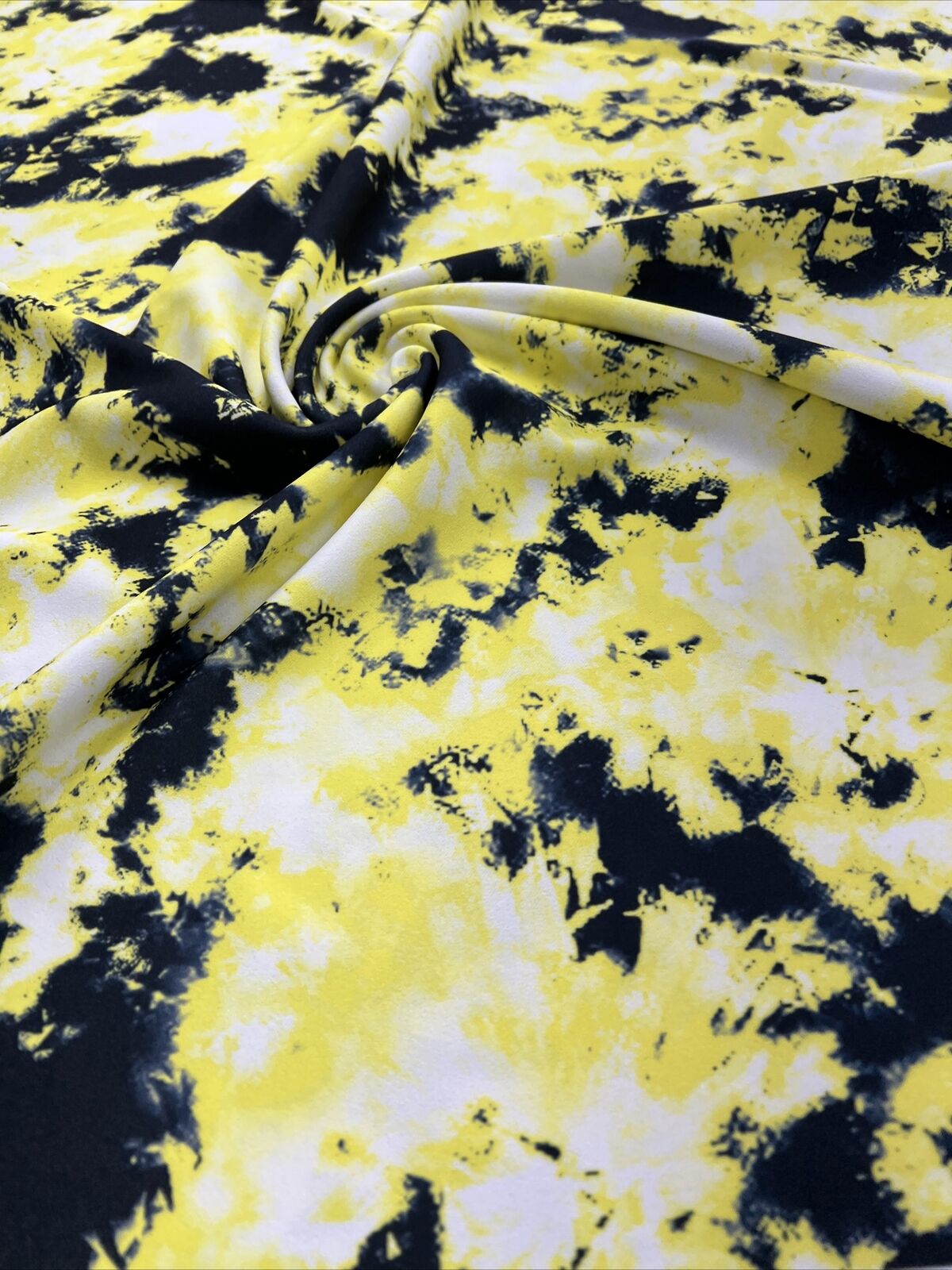 Yellow Black Mix Printed Scuba Crepe Jersey Fabric 4 Way Stretch - T9 Fabrics