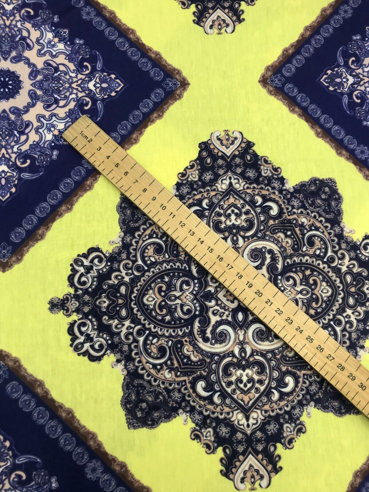 Yellow & Blue Damask Style Print Polyester Stretch Jersey - T9 Fabrics