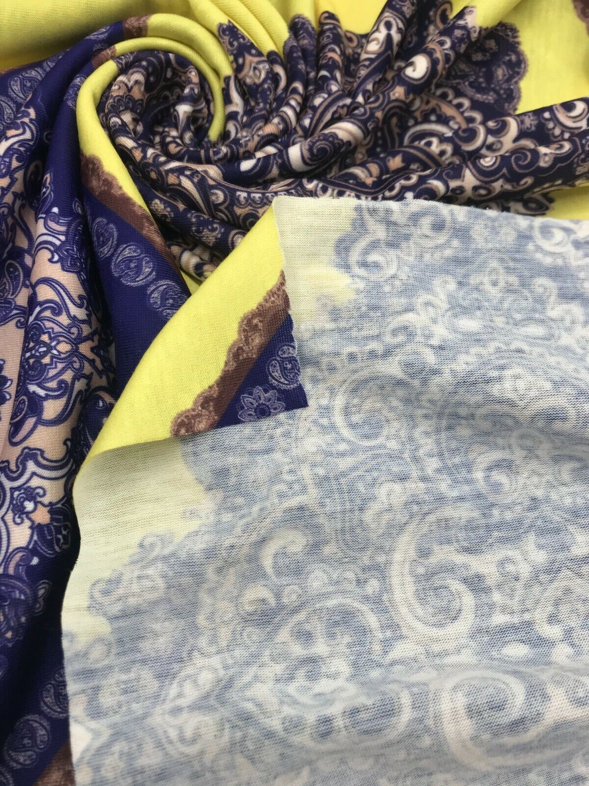 Yellow & Blue Damask Style Print Polyester Stretch Jersey - T9 Fabrics