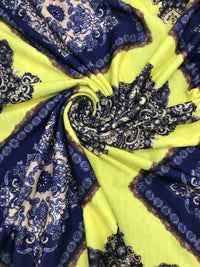 Yellow & Blue Damask Style Print Polyester Stretch Jersey - T9 Fabrics