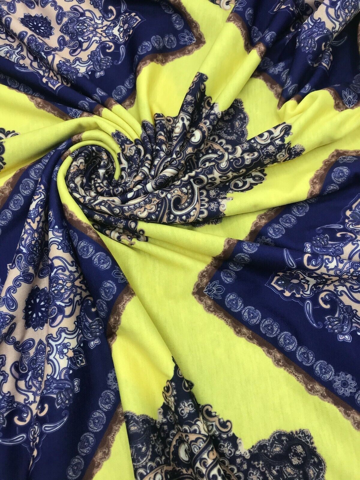 Yellow & Blue Damask Style Print Polyester Stretch Jersey - T9 Fabrics