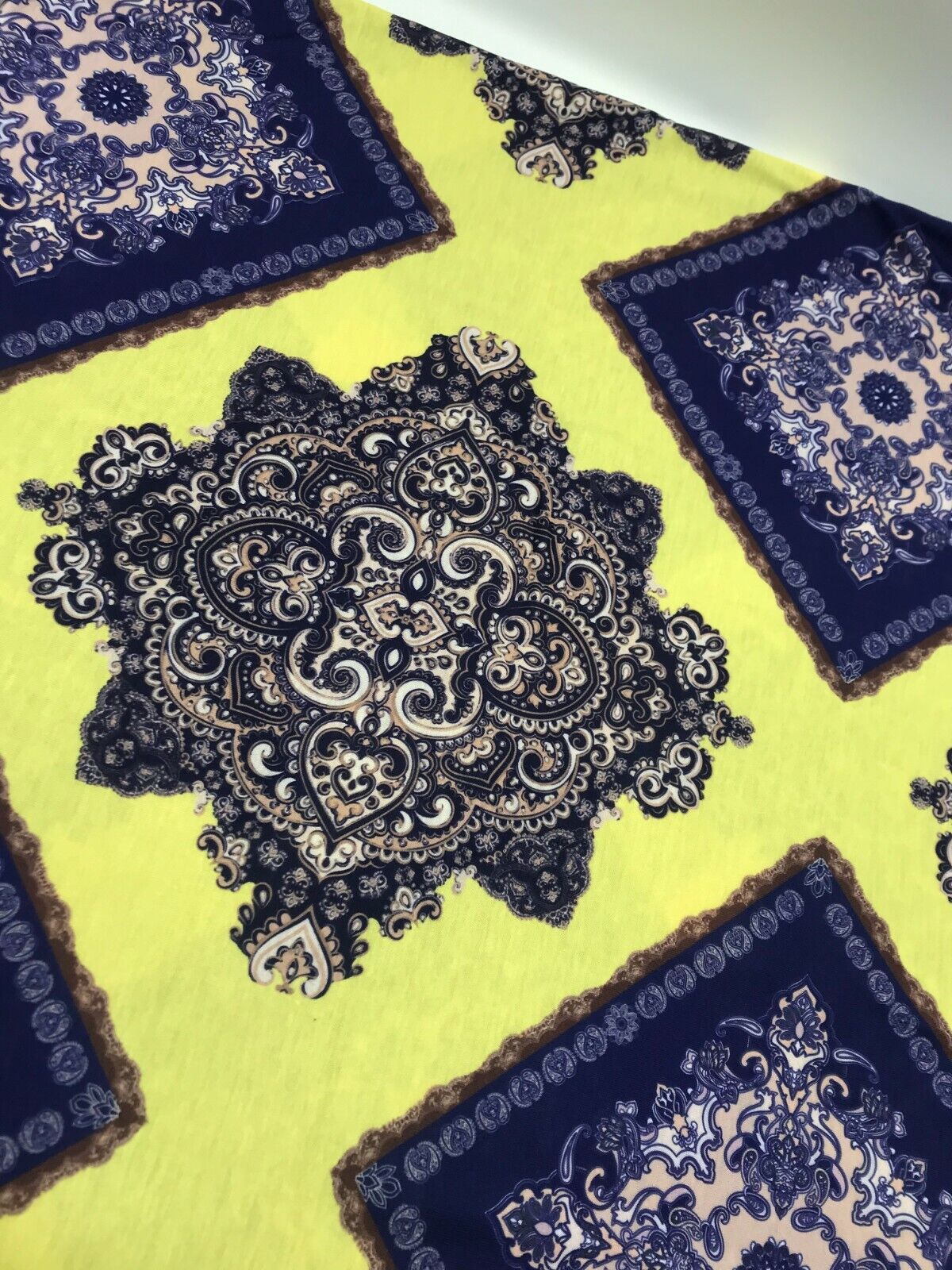 Yellow & Blue Damask Style Print Polyester Stretch Jersey - T9 Fabrics