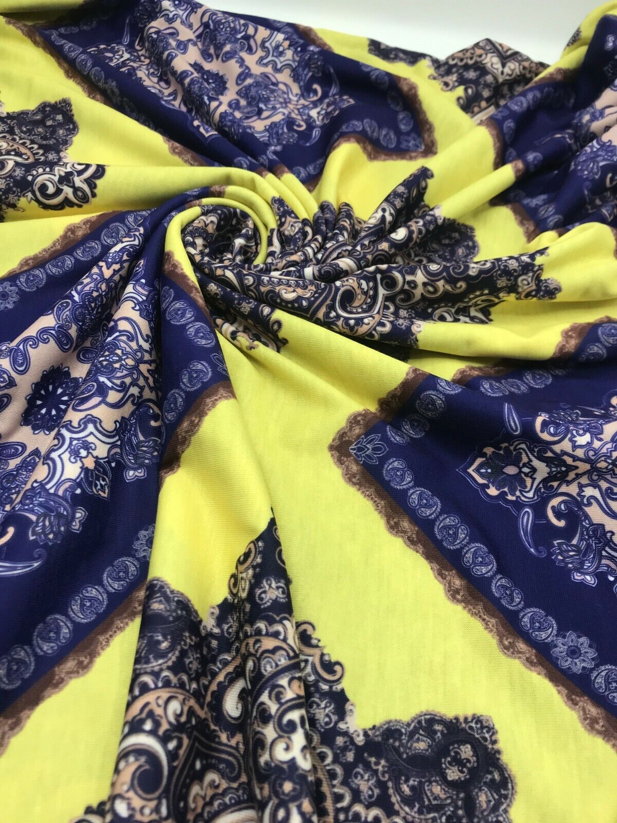 Yellow & Blue Damask Style Print Polyester Stretch Jersey - T9 Fabrics